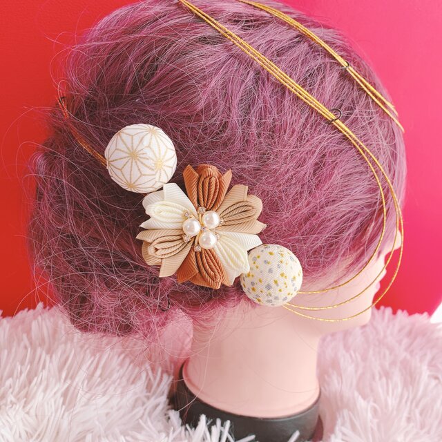 良品質 本珊瑚 玉 緒締玉 髪飾 和玉☆パールお花☆3点セット☆お祭り髪飾り☆水引髪飾り☆七五三