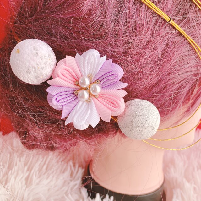 和玉☆パールお花☆3点セット☆お祭り髪飾り☆水引髪飾り☆七五三