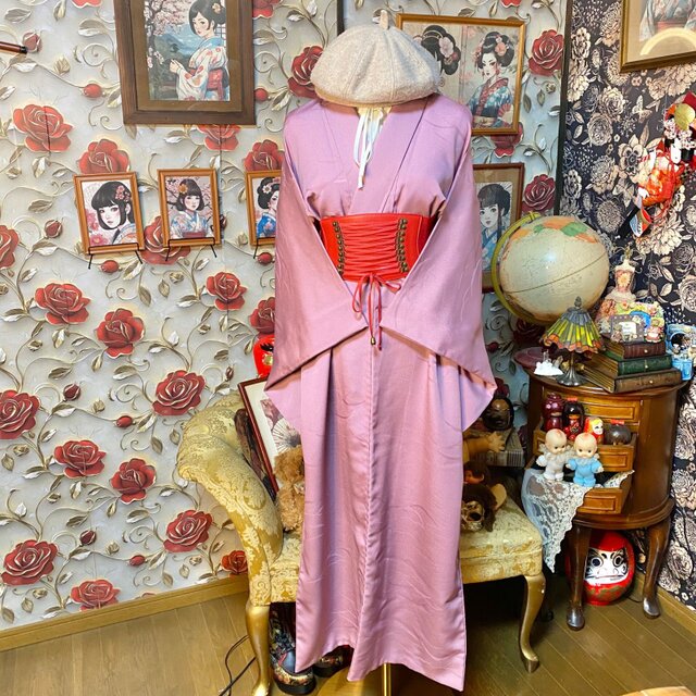 色無地着物リメイク ワンピース ロング ドレス 和洋折衷 洗える 化繊