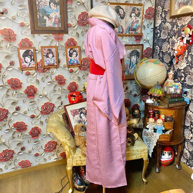 色無地着物リメイク ワンピース ロング ドレス 和洋折衷 洗える 化繊