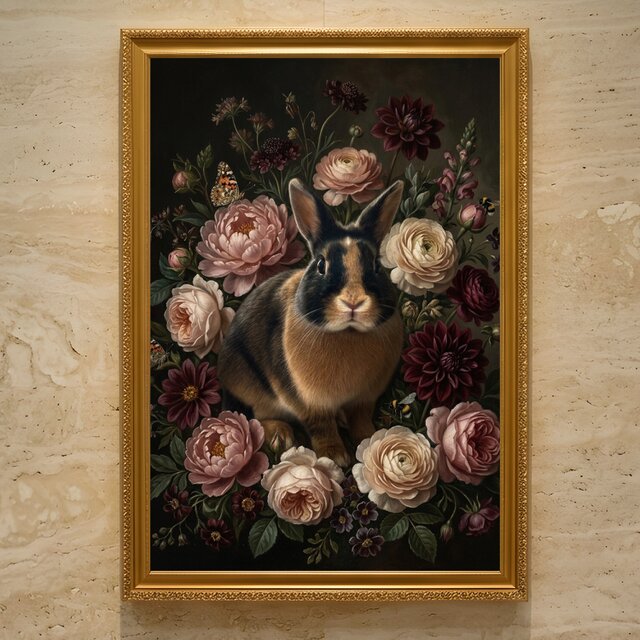 WONDER DECOR 2023 ウサギ レリーフ 壁掛け うさぎ（ハーレクイン）の花に囲まれた油絵風アート A3額装インテリア
