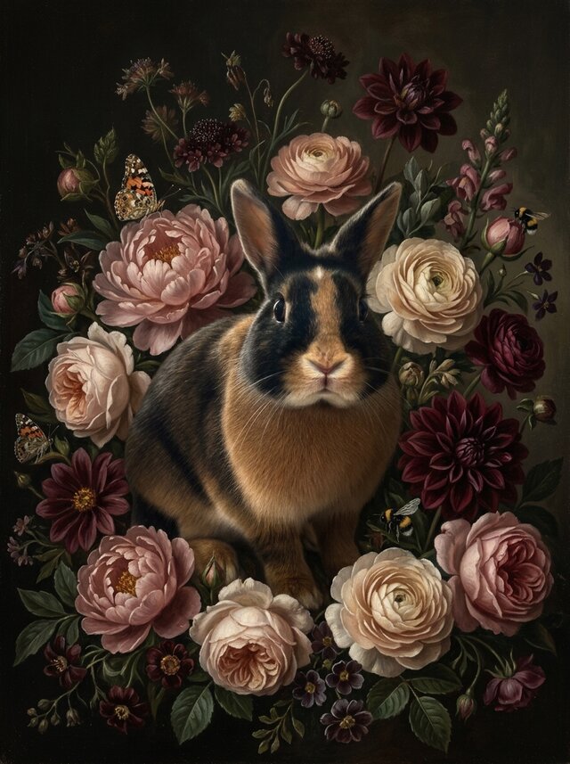 うさぎ（ハーレクイン）の花に囲まれた油絵風アート A3額装インテリア