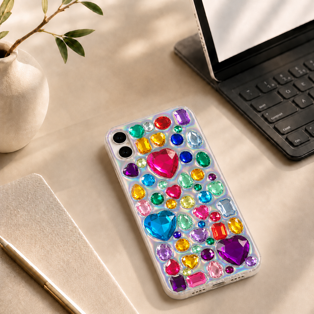 カラフルビジューのデコ電スマホケース｜3Dハート・宝石箱｜iPhone