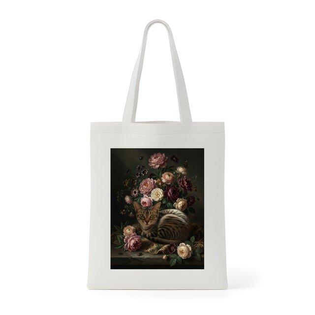 猫（アメリカンショートヘア）トートバッグ 花の油絵風アート