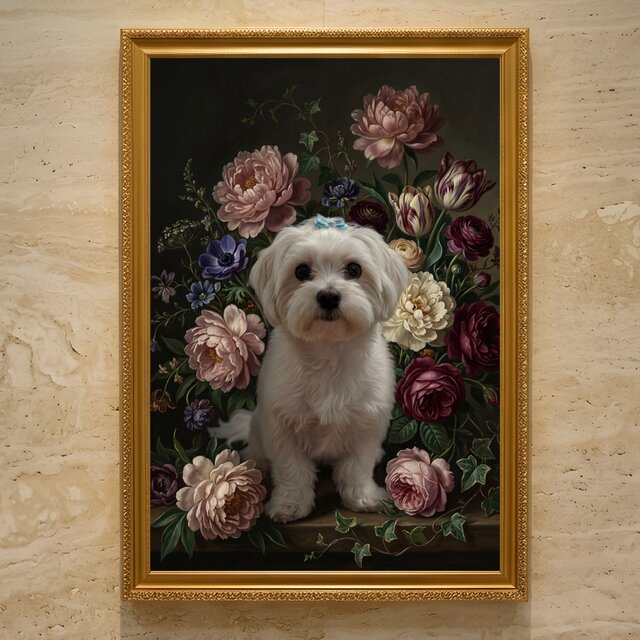犬（マルチーズ）の花に囲まれた油絵風アート A3額装インテリア壁掛け