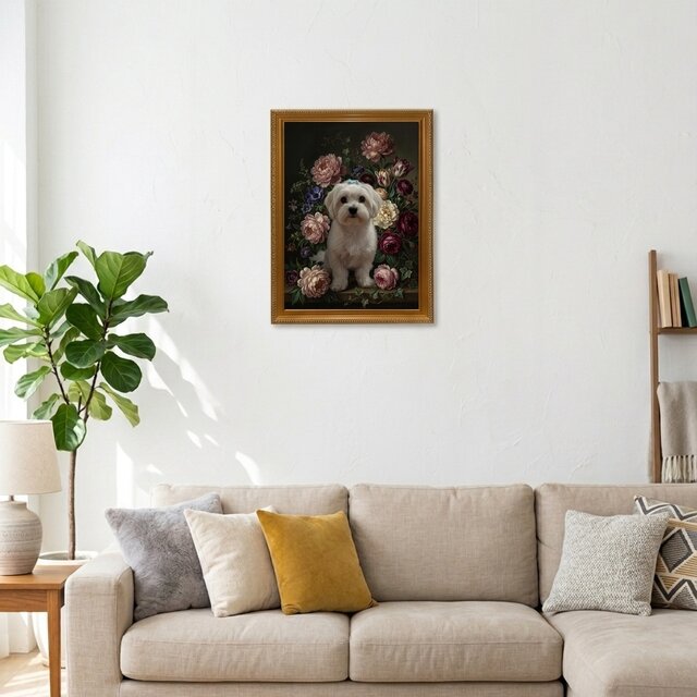 犬（マルチーズ）の花に囲まれた油絵風アート A3額装インテリア壁掛け