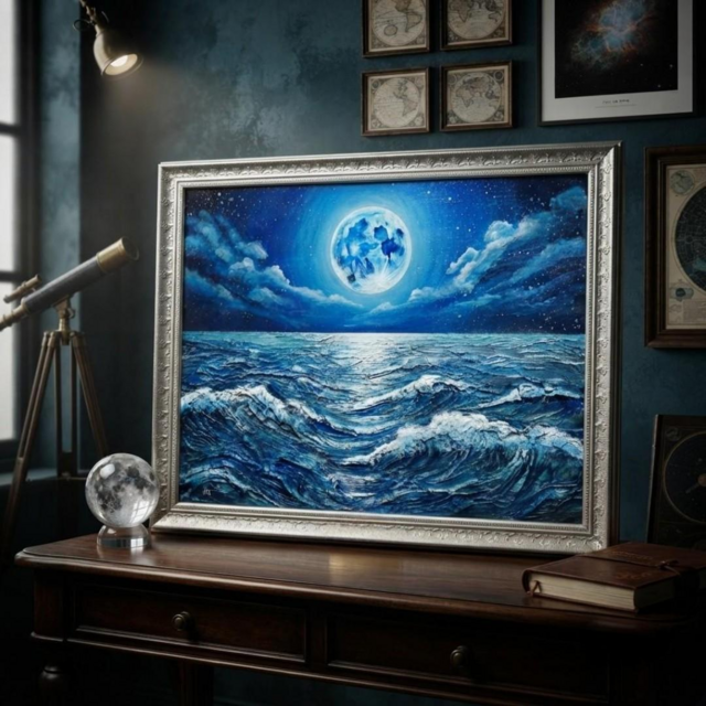 油彩画 海の波 額装品 油彩画 原画【月華の海】額装入り 満月と波の風景画 額縁付き 一点物