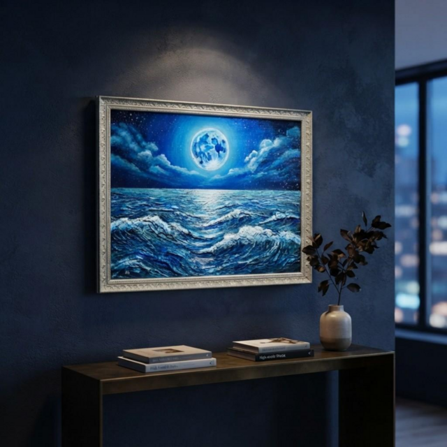 油彩画 原画【月華の海】額装入り 満月と波の風景画 額縁付き 一点物