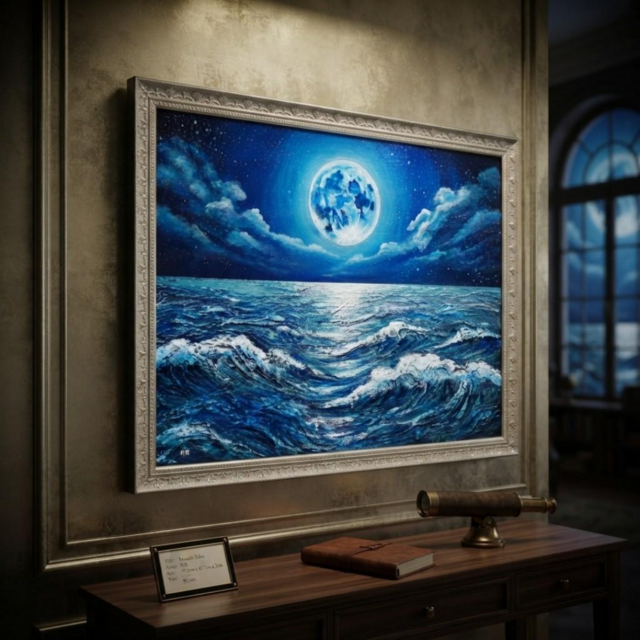 油彩画 原画【月華の海】額装入り 満月と波の風景画 額縁付き 一点物