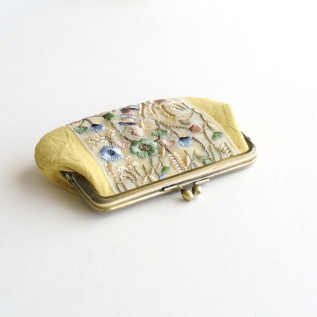 インド刺繍リボンのがま口ミニ財布/ポーチ イエロー | iichi 日々の