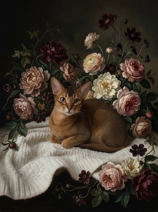 猫（アビシニアン）の花に囲まれた油絵風アート A4金縁額装インテリア