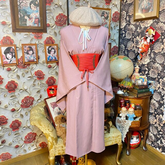 色無地着物リメイク ワンピース ドレス 和洋折衷 洗える 化繊 やわらか