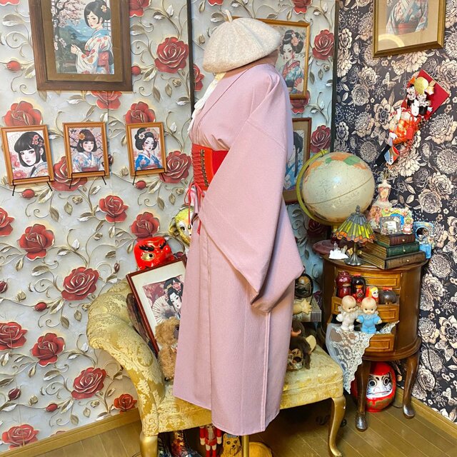 色無地着物リメイク ワンピース ドレス 和洋折衷 洗える 化繊 やわらか