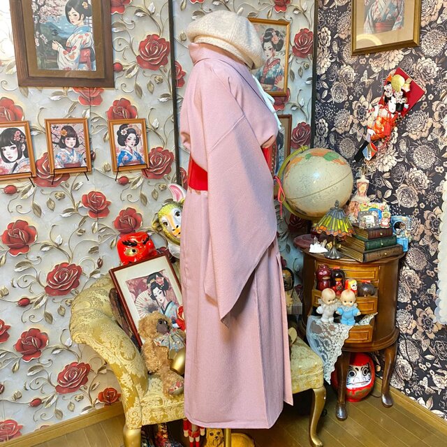 色無地着物リメイク ワンピース ドレス 和洋折衷 洗える 化繊 やわらか