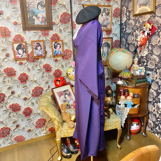 色無地着物リメイク ワンピース ロング ドレス 和洋折衷 洗える 化繊