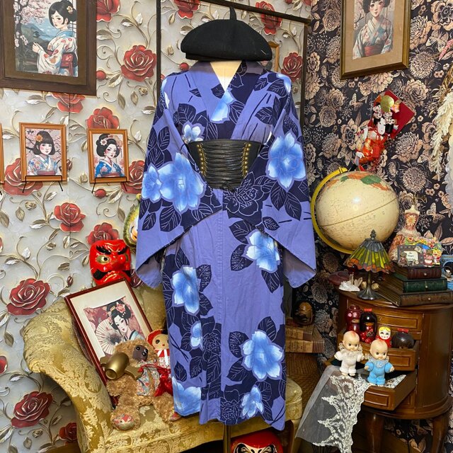 浴衣リメイク ワンピース ドレス 和洋折衷 落ち着いたパープルブルーを