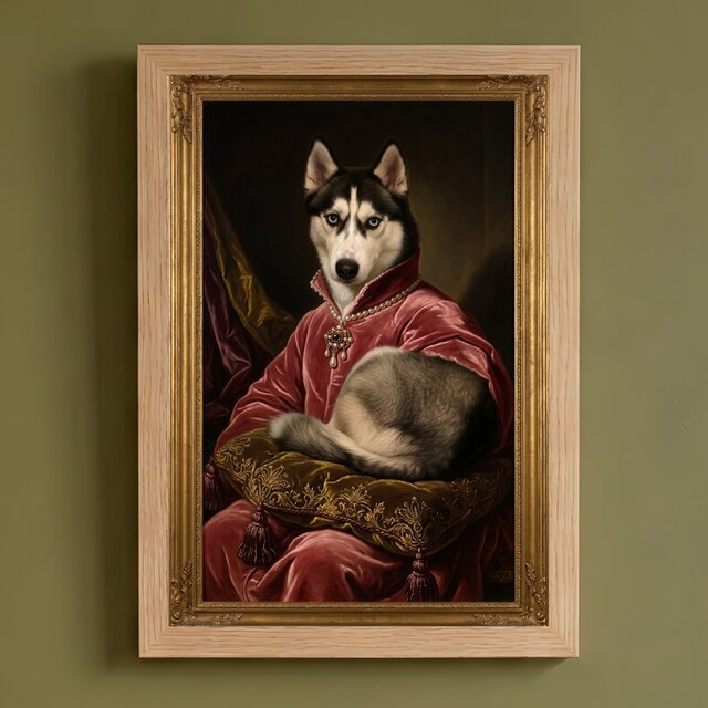 真作保証　ハスキー犬の肖像画 油絵 F8 Valenzuela 犬（シベリアンハスキー）のルネサンス風肖像画 A4額装インテリア