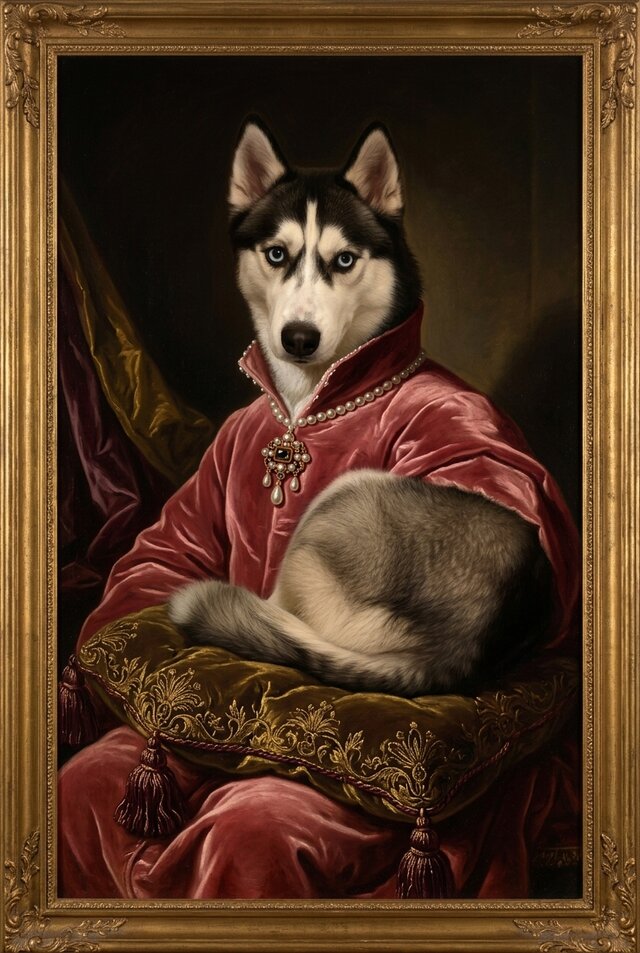 犬（シベリアンハスキー）のルネサンス風肖像画 A4額装インテリア