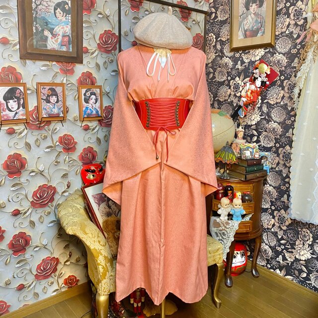 色無地着物リメイク ワンピース ドレス 和洋折衷 洗える 化繊