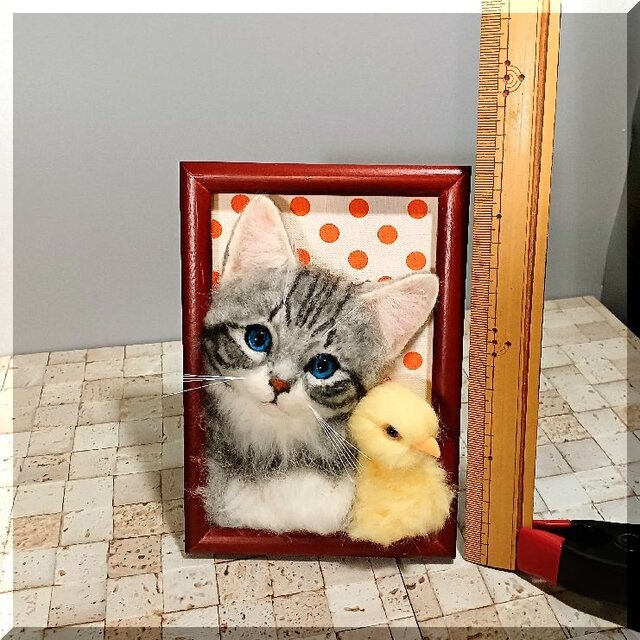 ふわもこ様　羊毛フェルト額縁入り 羊毛フェルト 猫 額縁入りアメリカンショートヘアちゃん と お供の