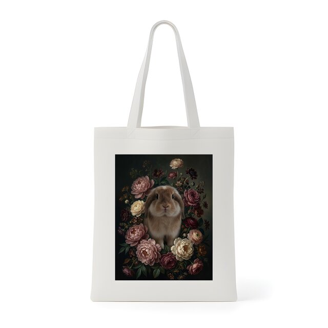 うさぎ（アメリカンファジーロップ）トートバッグ 花の油絵風アート