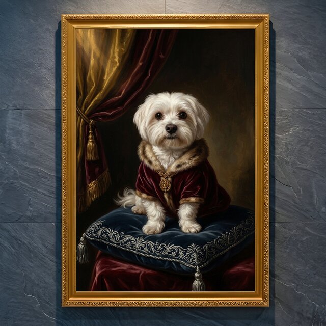 犬（マルチーズ）のルネサンス風肖像画 油絵風アートA4金縁額装