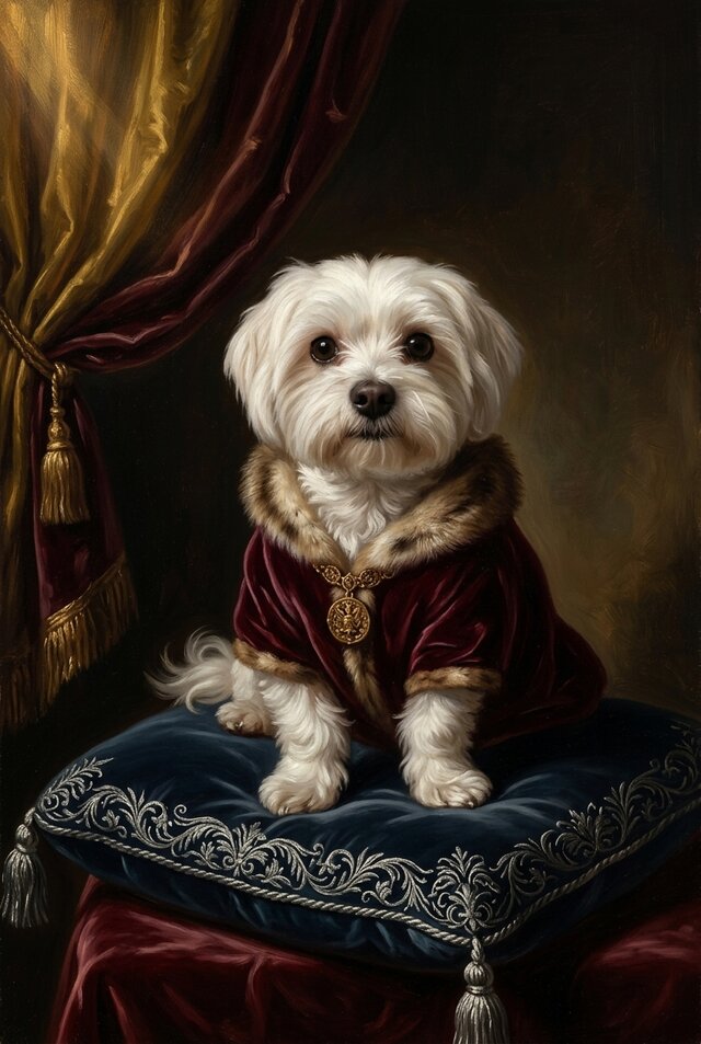 犬（マルチーズ）のルネサンス風肖像画 油絵風アートA4金縁額装