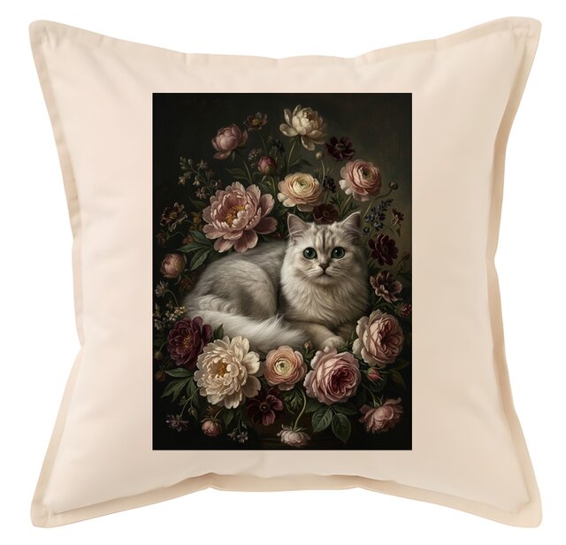 猫（チンチラペルシャ）クッション 45cm 花の油絵風カラーアート