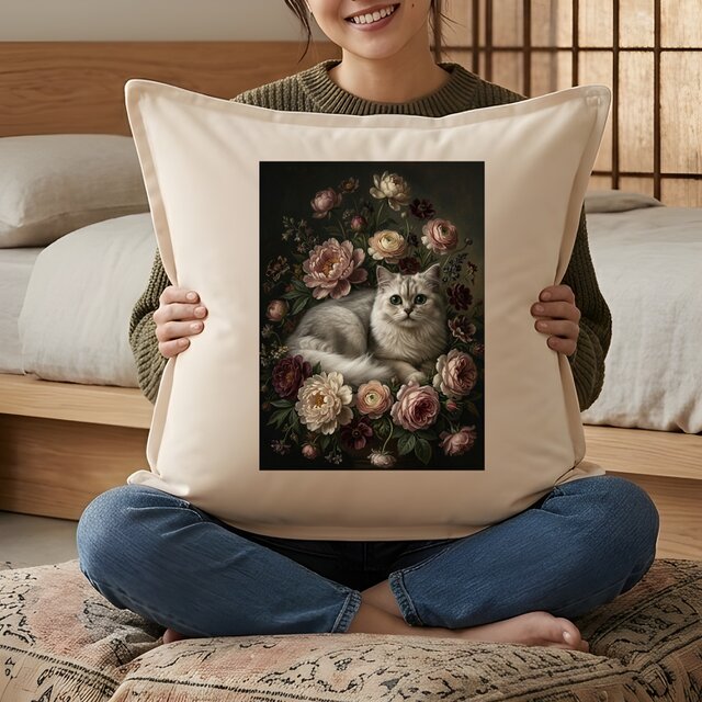 猫（チンチラペルシャ）クッション 45cm 花の油絵風カラーアート