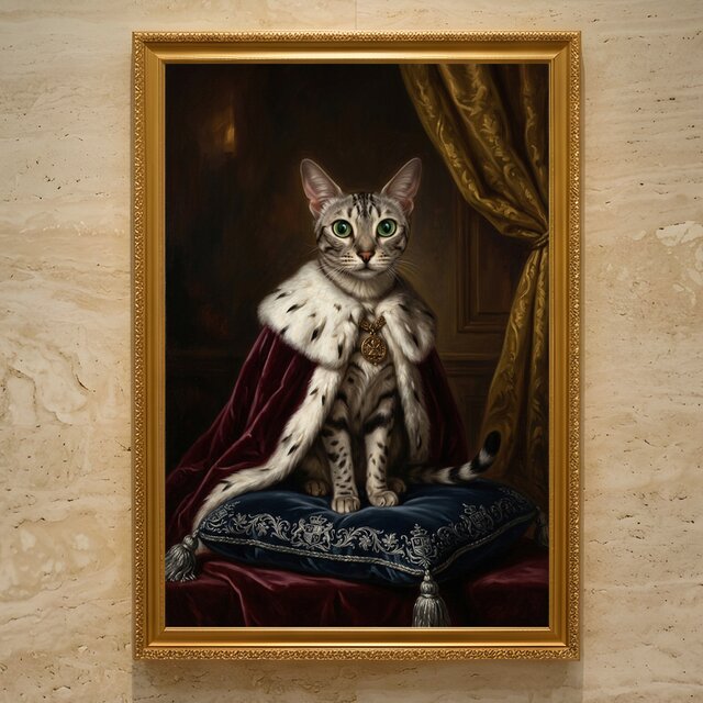 猫（エジプシャンマウ）のルネサンス風肖像画 油絵風アートA3額装