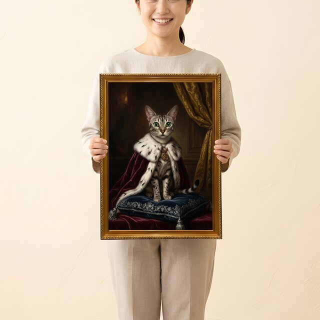 ​希少 田中坦三「猫」直筆 色紙画 額装付き 壁掛け 骨董 アート アンティーク 猫（エジプシャンマウ）のルネサンス風肖像画 油絵風アートA3額装