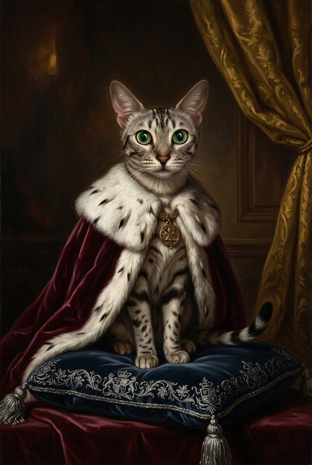 猫（エジプシャンマウ）のルネサンス風肖像画 油絵風アートA3額装