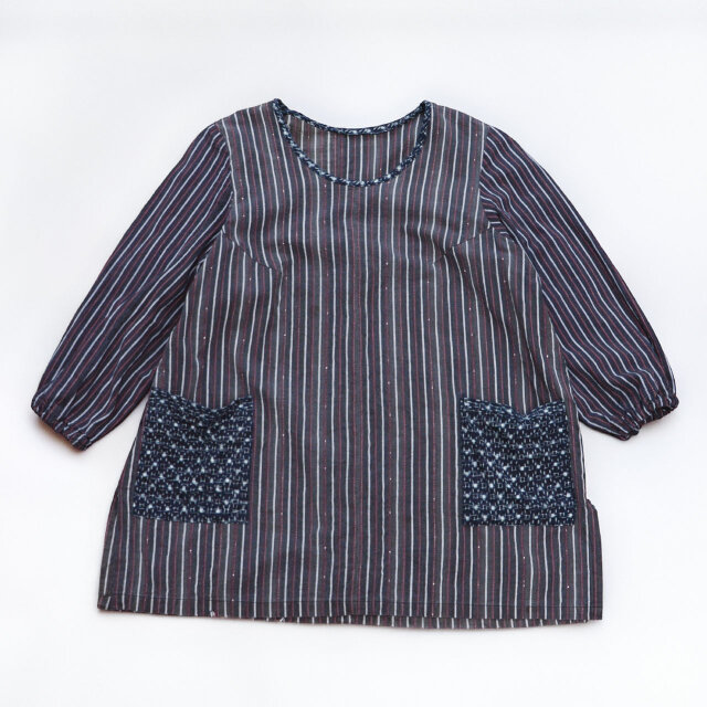 古布 リメイクチュニック ハンドメイド品｜縞×藍染絣 木綿 