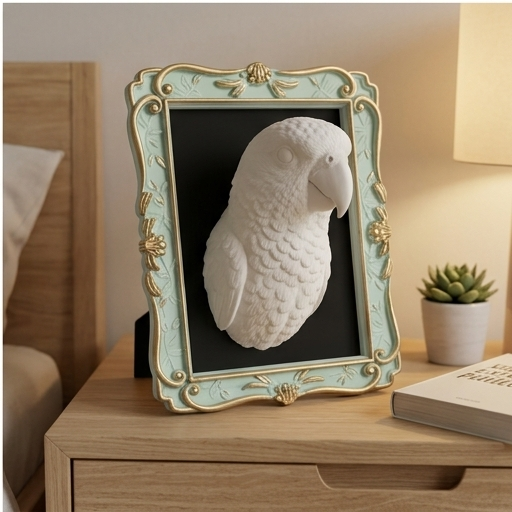 インコ（セネガルパロット）の壁掛けレリーフ 3Dプリント 白PLA