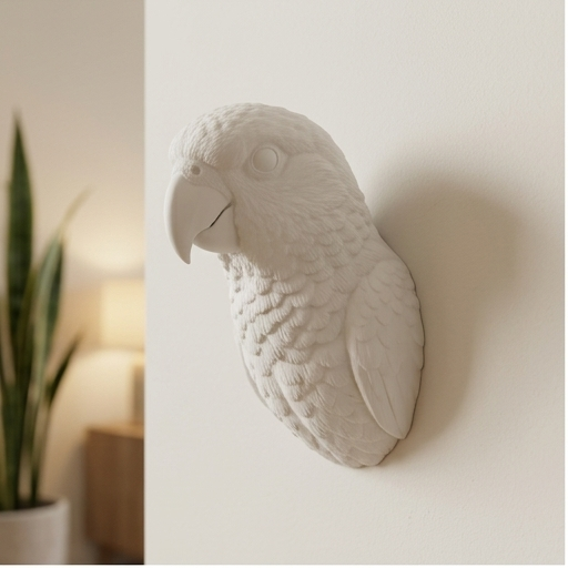 インコ（セネガルパロット）の壁掛けレリーフ 3Dプリント 白PLA