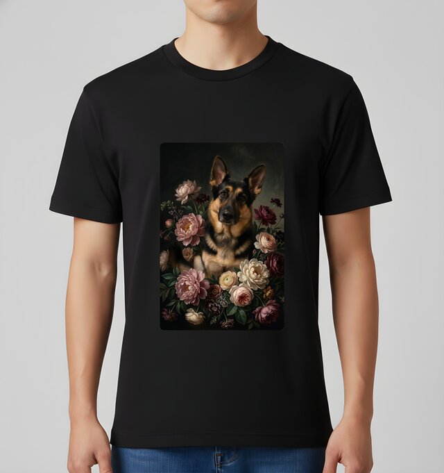 犬（ジャーマンシェパード）半袖Tシャツ 花の油絵風アート ブラック