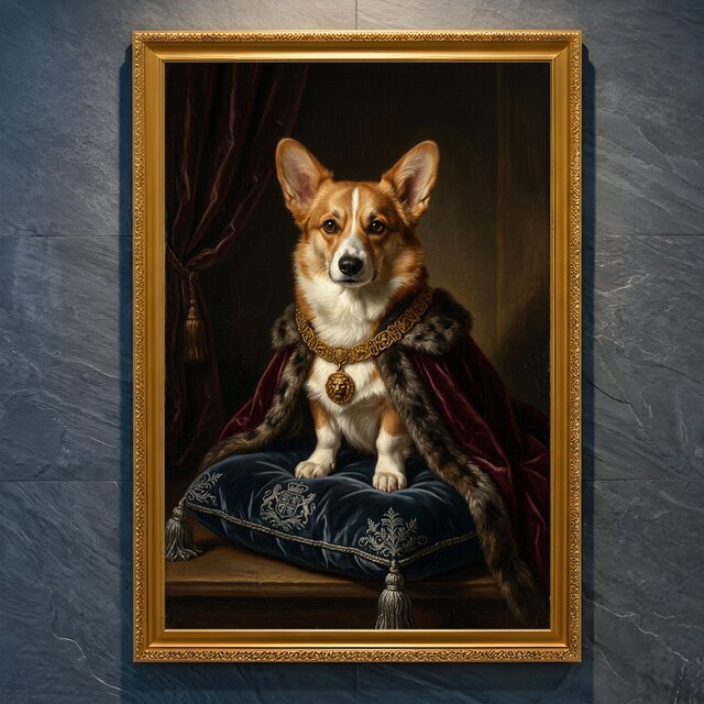 犬（コーギー）のルネサンス風肖像画 油絵風アートA4金縁額装