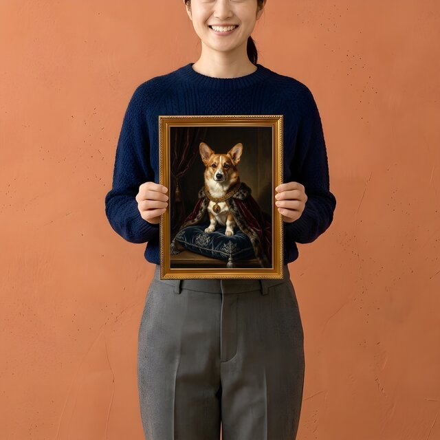 犬（コーギー）のルネサンス風肖像画 油絵風アートA4金縁額装