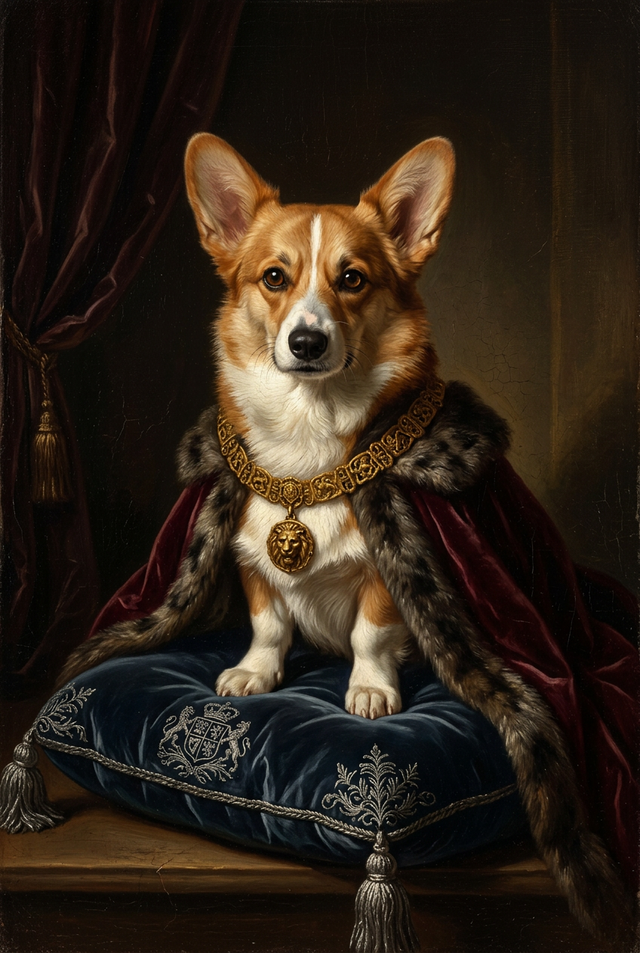 木彫りの日本画風コーギーの壁掛け 犬（コーギー）のルネサンス風肖像画 油絵風アートA4金縁額装