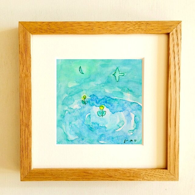 原画・水彩画】 「夜に咲く黄色い花」※木製額縁入り（18㎝角）風景画