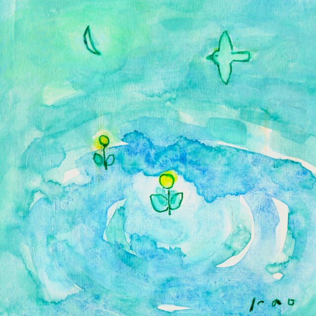 ヴィンテージ 絵画 水彩画 月夜に咲く黄色い花 額装 昭和レトロ 骨董 古道具 原画・水彩画】 「夜に咲く黄色い花」※木製額縁入り（18㎝角）風景画