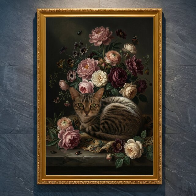 猫（アメリカンショートヘア）の花の油絵風アート A4金縁額装
