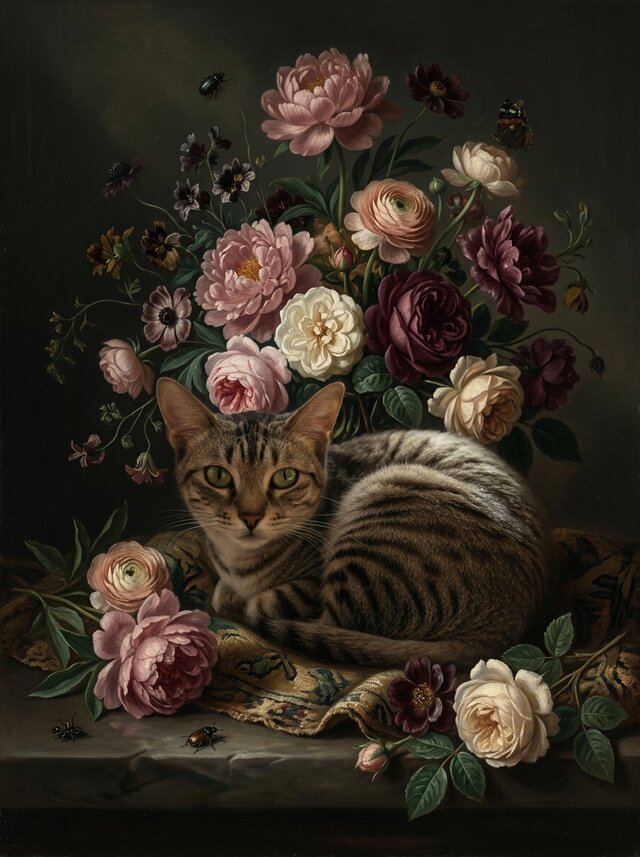 猫（アメリカンショートヘア）の花の油絵風アート A4金縁額装