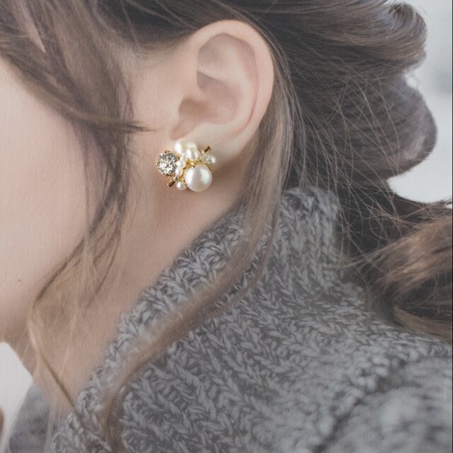 淡水パール×スワロフスキー社製クリスタル＊ビジューピアス