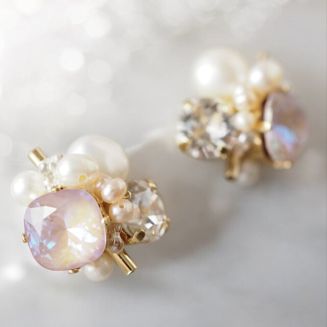 ピンク＊スワロフスキー×淡水パールのビジューピアス／イヤリング