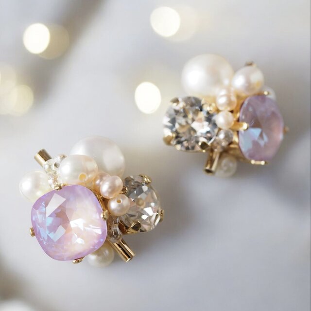 ラベンダー＊スワロフスキー×淡水パールのビジューピアス／イヤリング