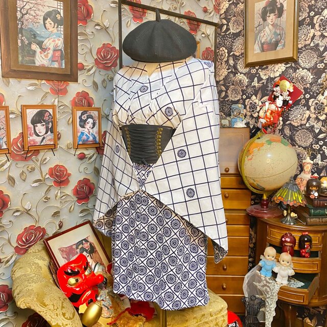 浴衣リメイク ミニミディワンピース ドレス 綿100％ 和洋折衷 和モダン