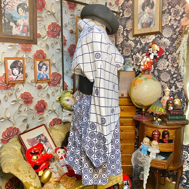 浴衣リメイク ミニミディワンピース ドレス 綿100％ 和洋折衷 和モダン
