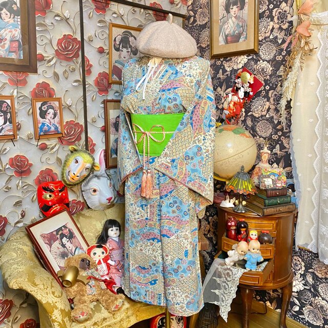 着物 リメイク ワンピース ドレス 洗える 化繊 帯 和洋折衷 四季折々の