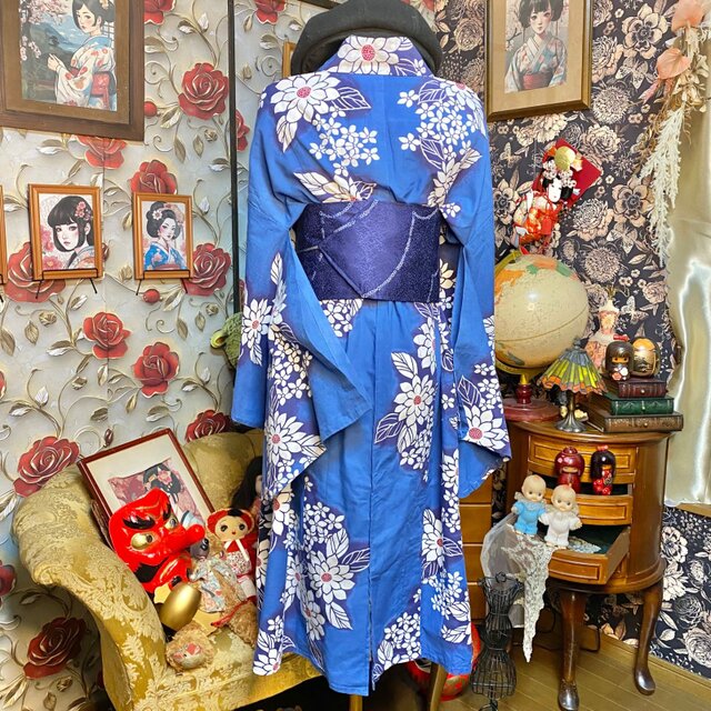 浴衣リメイク ワンピース ドレス 綿100％ 帯サッシュベルト 和洋折衷